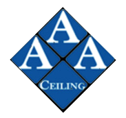 A blue and white logo of the ceiling company.